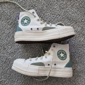 Converse Chuck Taylor Platform High Tops in White with Teal & Lavender